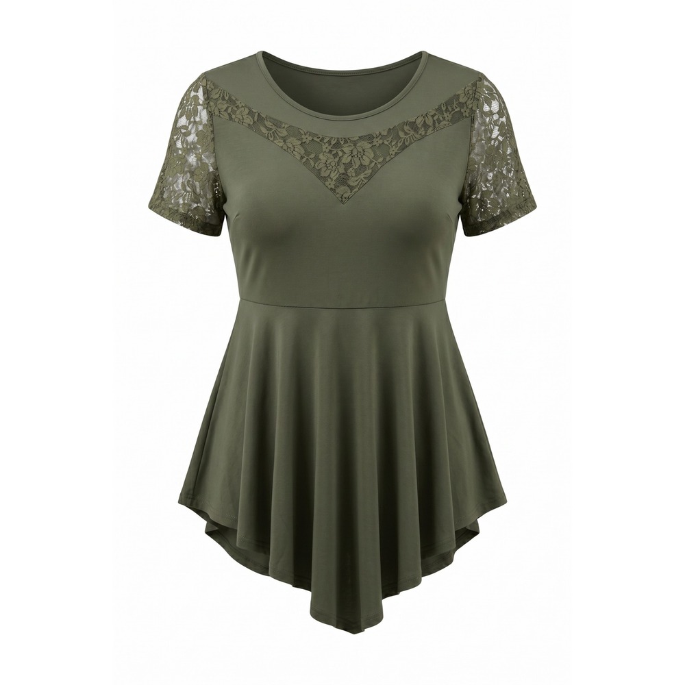 Shein Curve Olive Green Lace Yoke Peplum Top Handkerchief Hem 1XL